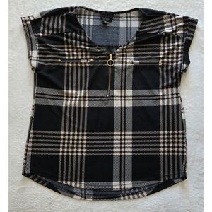 Flower & Feather Womens Plaid Zipper V-Neck Blouse Black Tan TB5002Y-JJ Medium